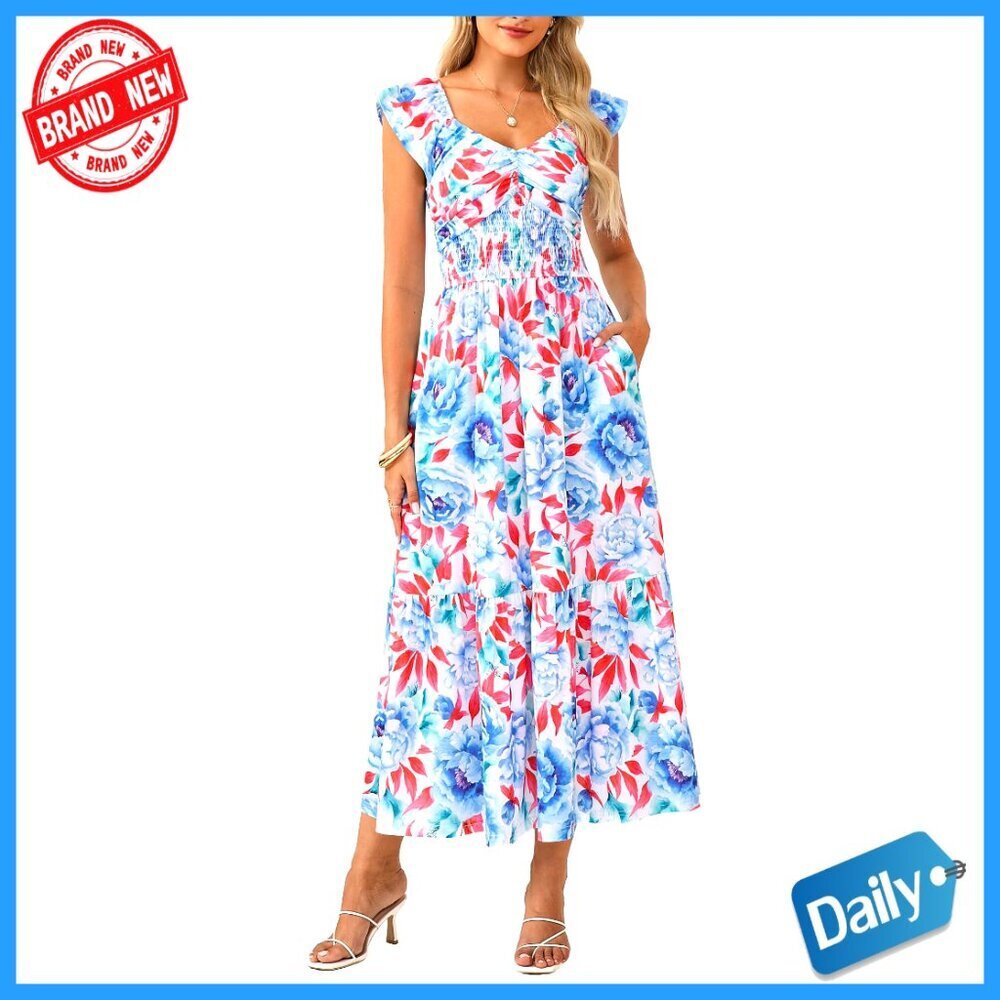 Summer Boho Maxi Dress with Ruffle Sleeves Floral A-Line Wedding Guest